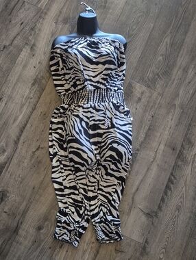 Zebra-Print Strapless Jumpsuit - Black & White